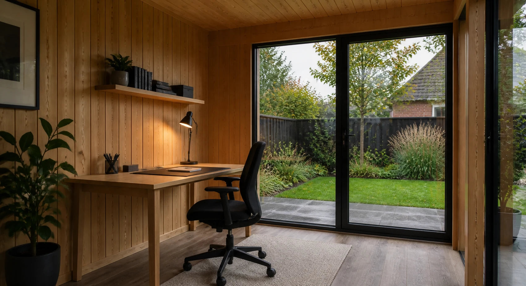 Warm houten interieur van een modern tuinkantoor
